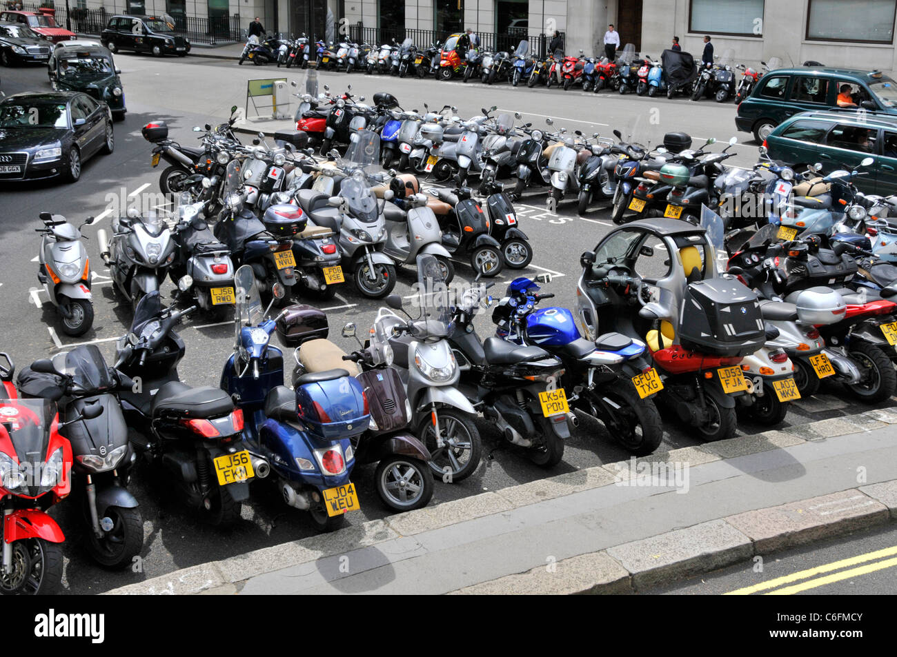 Looking down on London street scene motorbike motorcycle and scooter
