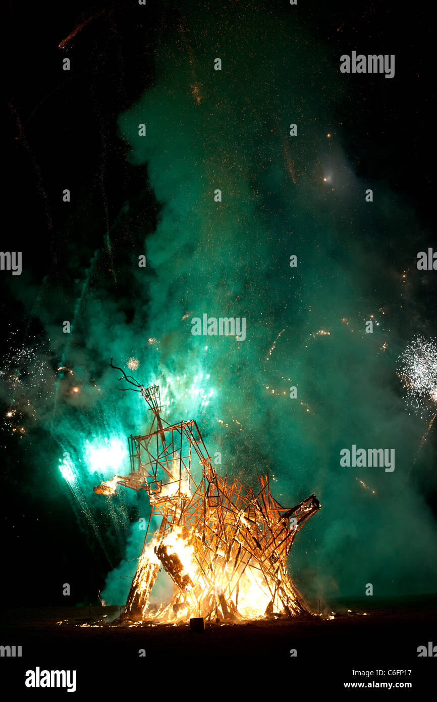 Green man festival wales burning fireworks Stock Photo