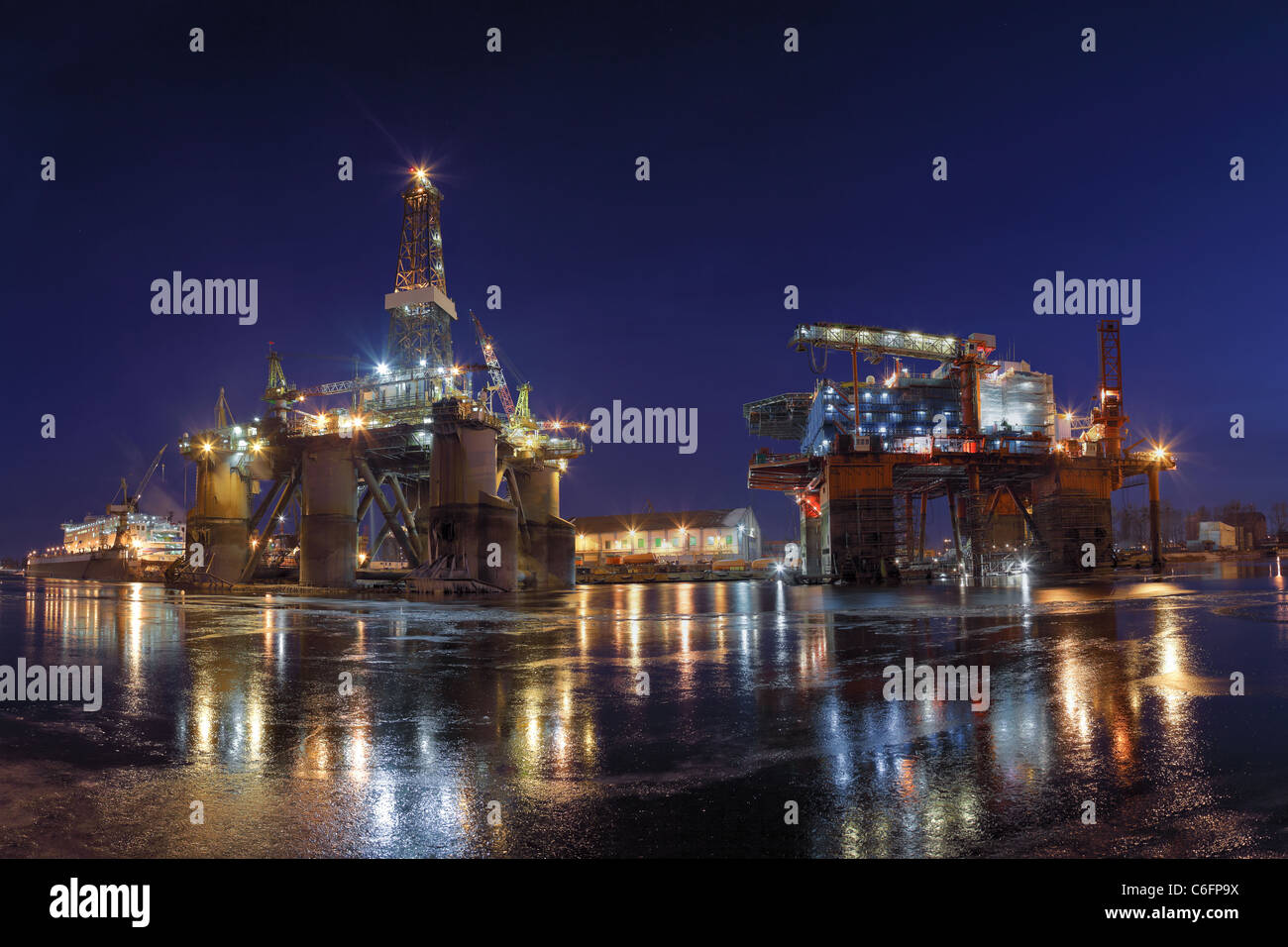 Repair of the oil rig in the shipyard. Stock Photo