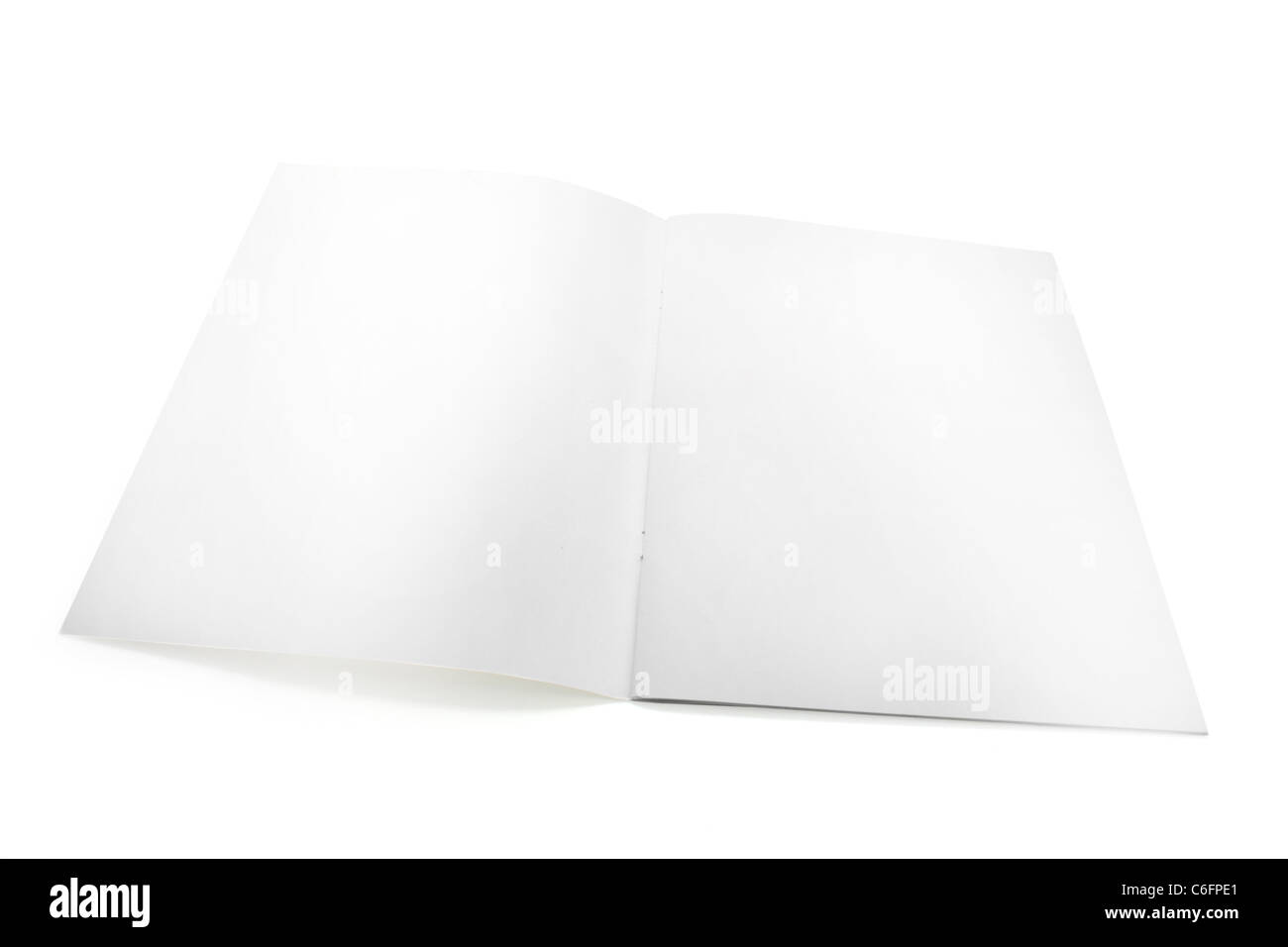 studio shot of a white brochure or booklet open as a spread Stock Photo