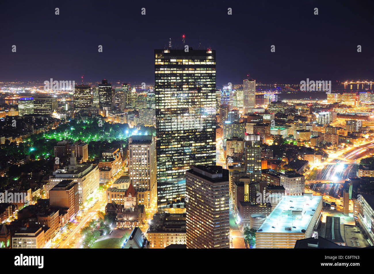 Boston aerial view with skyscrapers at night with city skyline ...