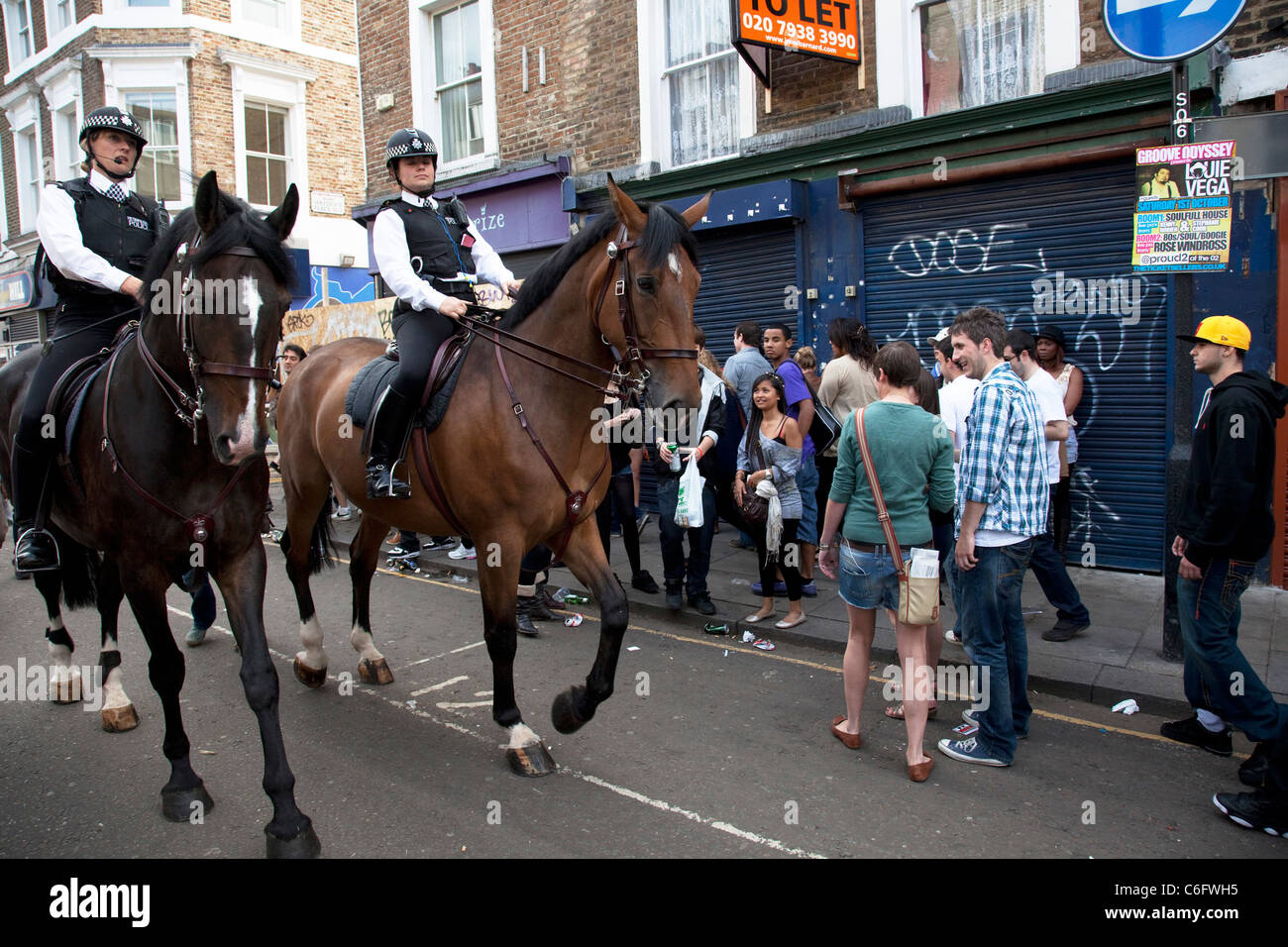 Police horses at Notting Hill Carnival in West London. Mounted police
