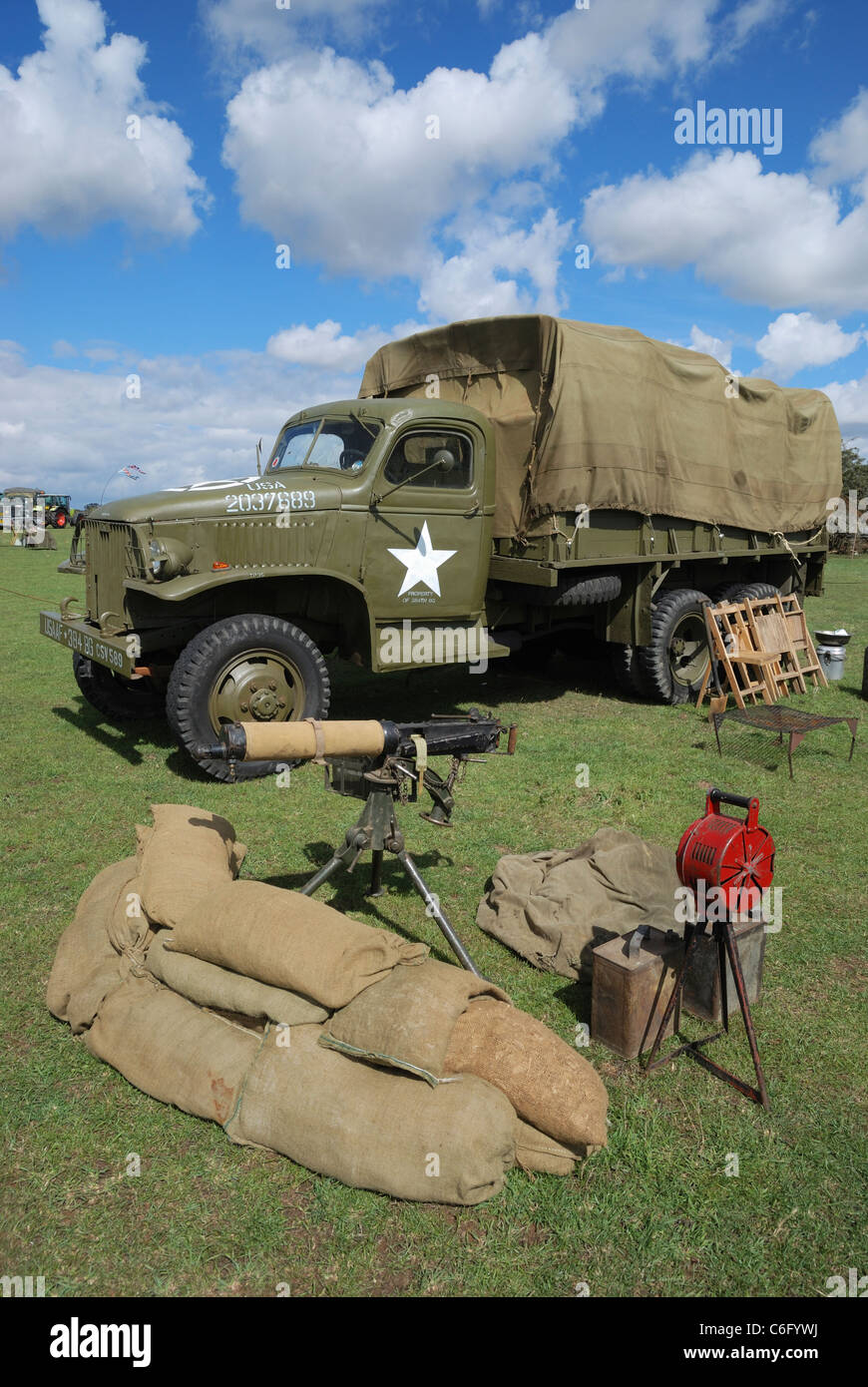 A 1941 GMC 6x6 truck and Vickers 303 heavy machine gun. Lincolnshire, England. Stock Photo