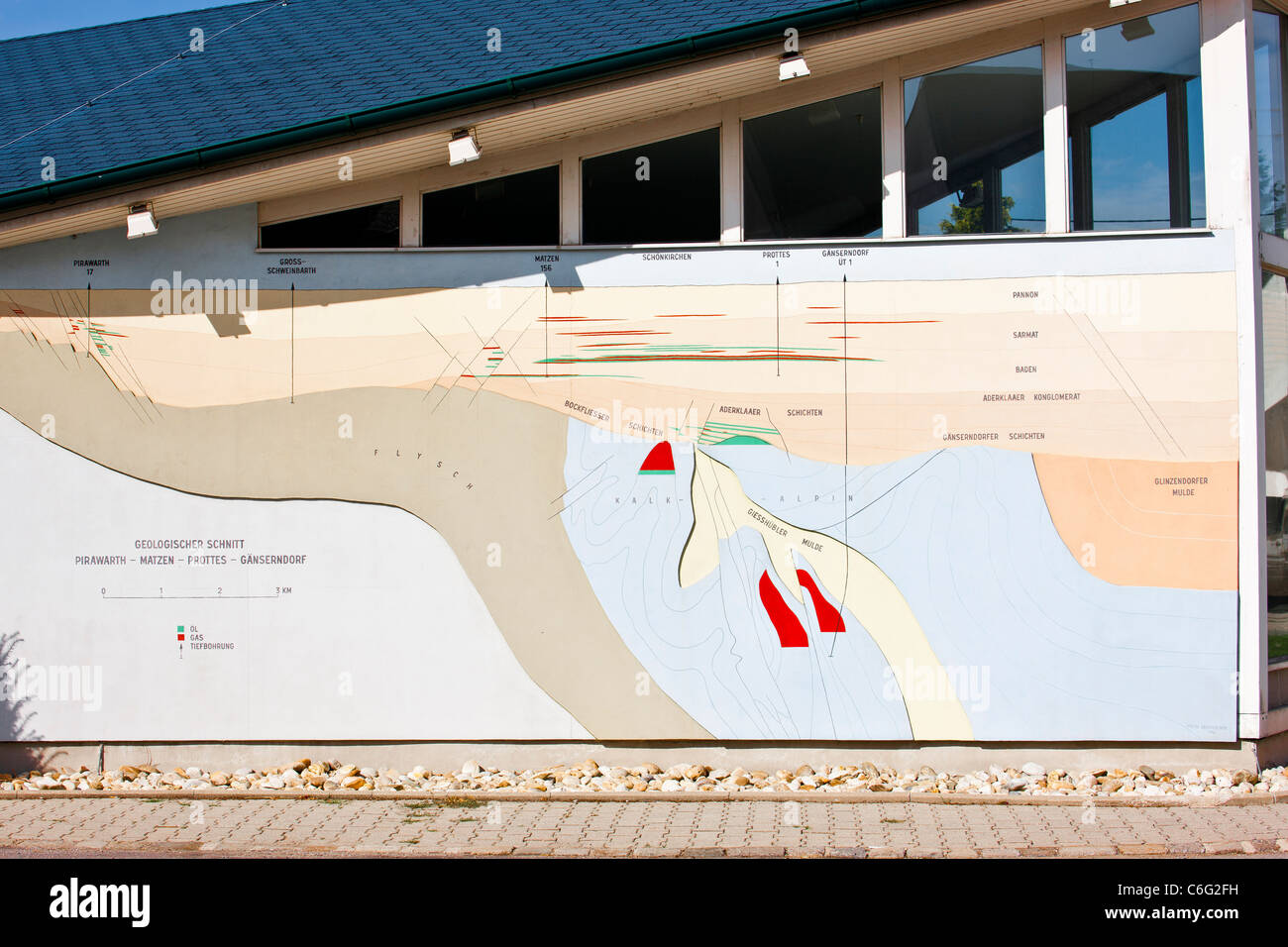 Map of the oil bearing subsoil featured on the outer wall of the oil museum in Prottes Austria ÖMV oil and gas educational trail Stock Photo