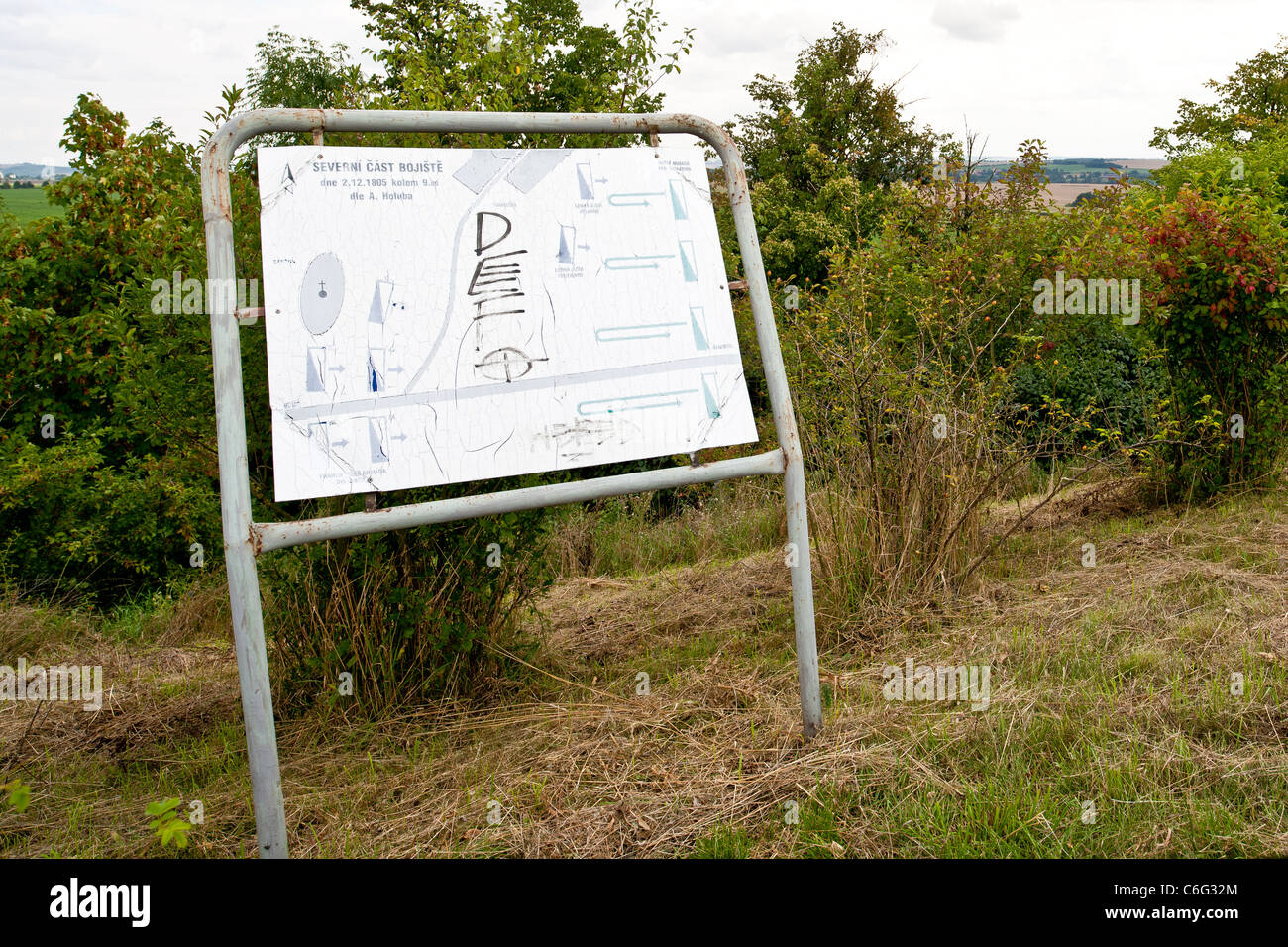 Weathered and defiled tourist information panel on the Santon hill at the Austerlitz battlefield Stock Photo