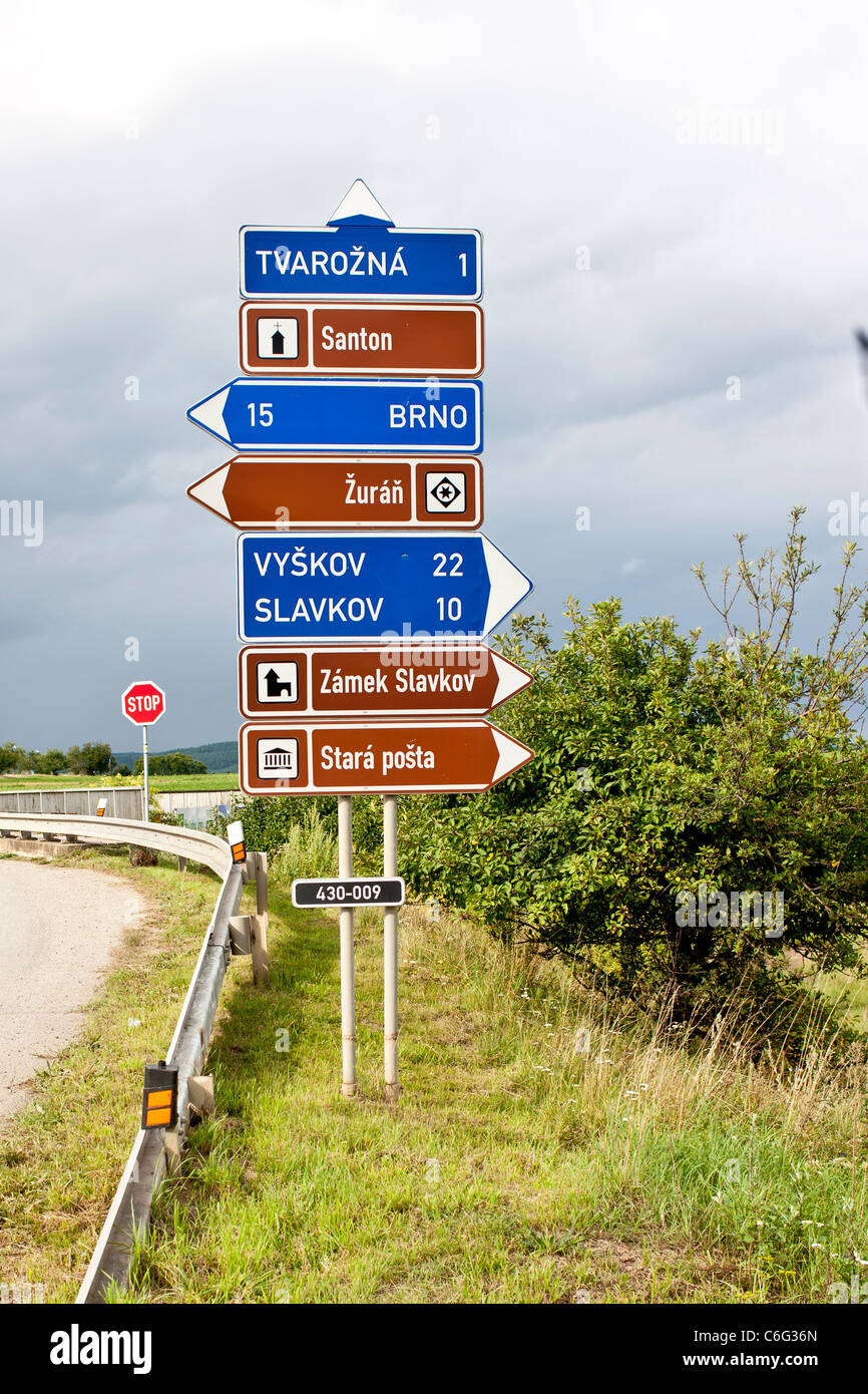 Signpost to places of the Austerlitz battlefield and road sign to adjacent towns. Stock Photo
