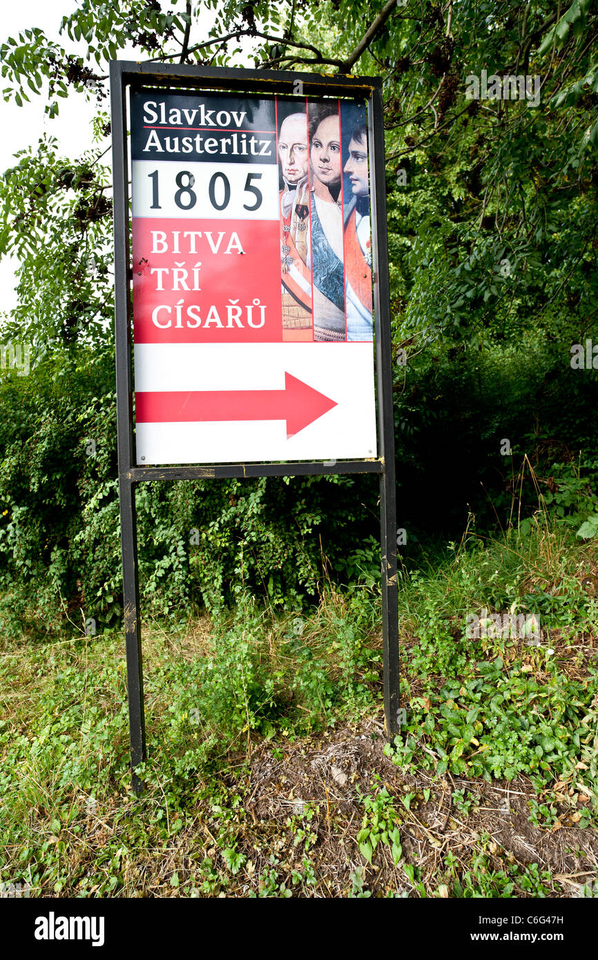 Signpost to places of the Austerlitz battleground site. Stock Photo