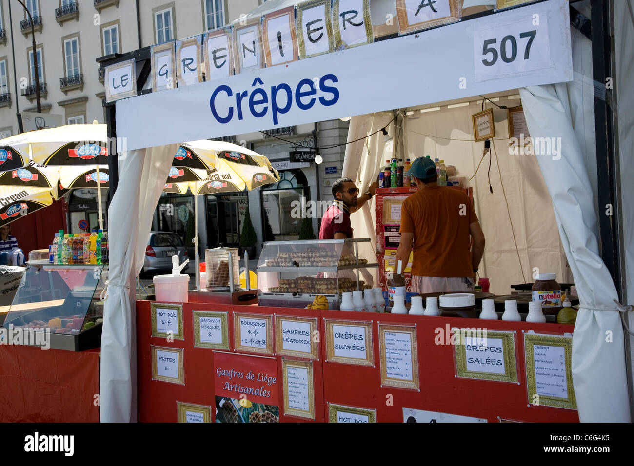 Food stall on promenade in Geneva during festival Stock Photo