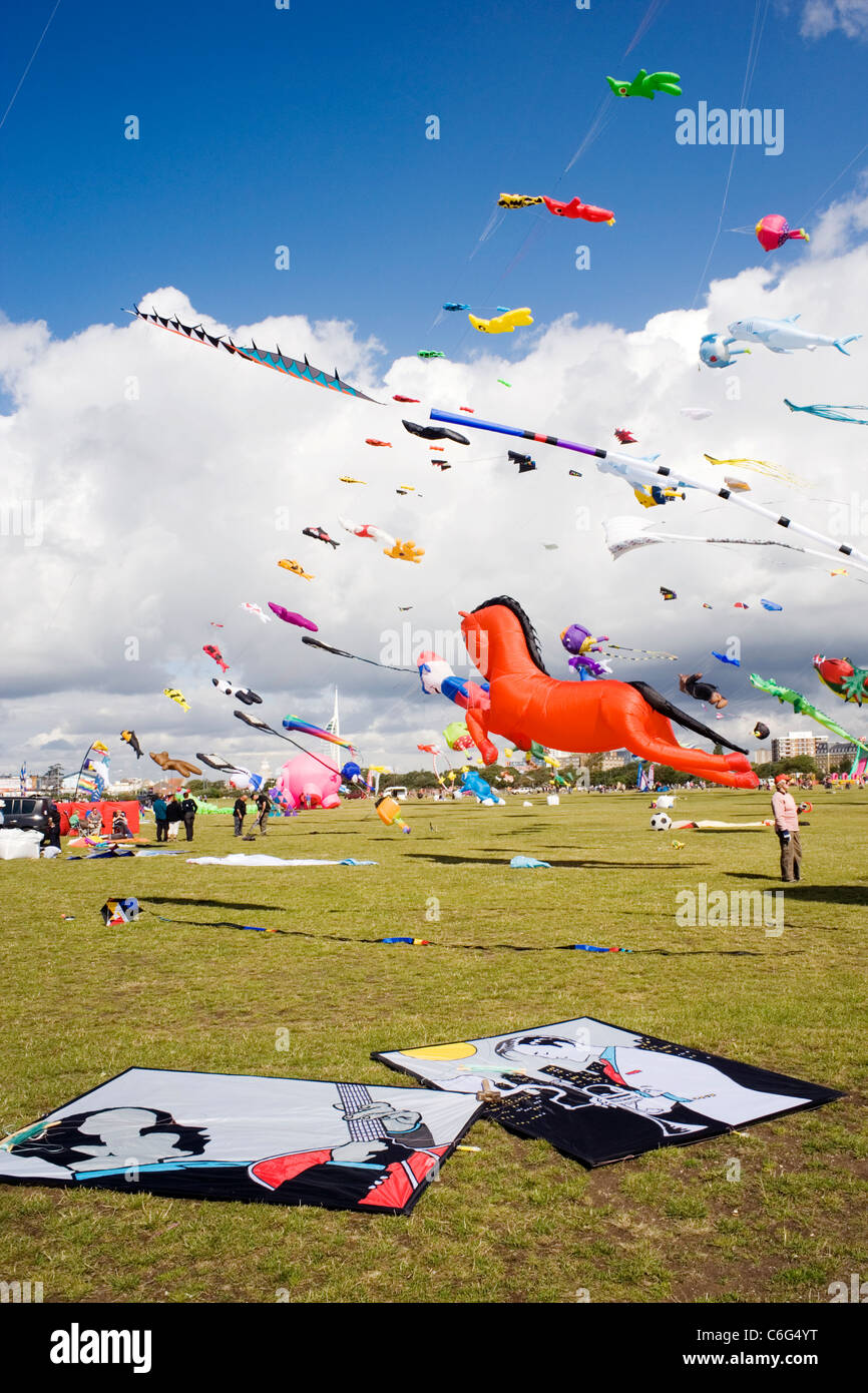 colourful kites of all shapes and sizes flying at southsea kite