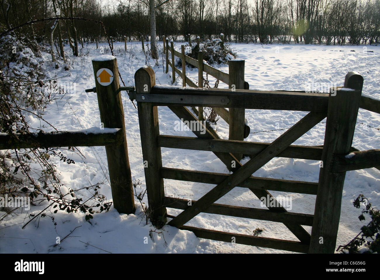 Closed gate leading to a snowy field, Witney, Oxfordshire, England Stock Photo
