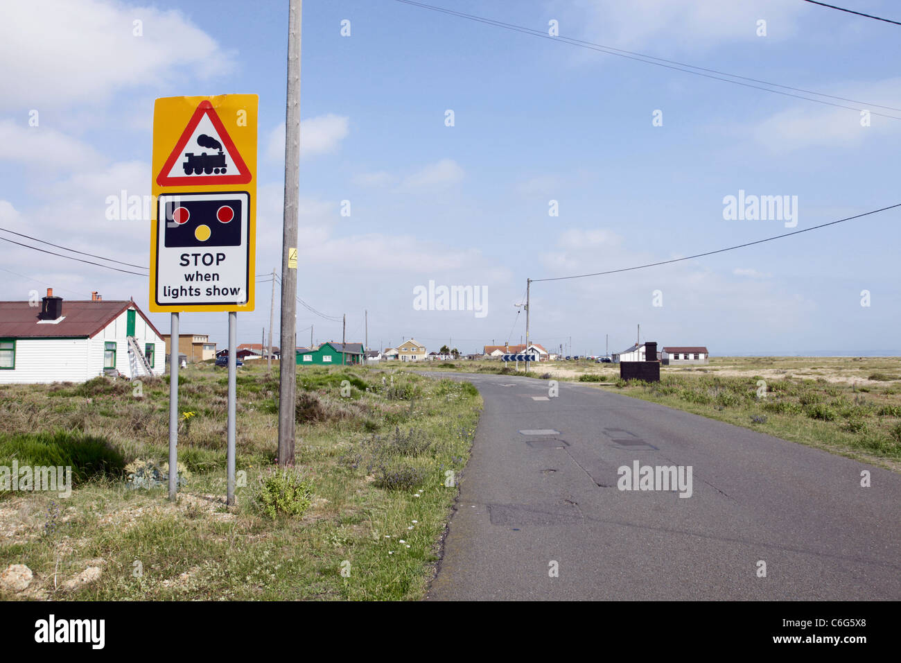 Level crossing stop sign for Romney Hythe and Dymchurch Railway at Dungeness Stock Photo
