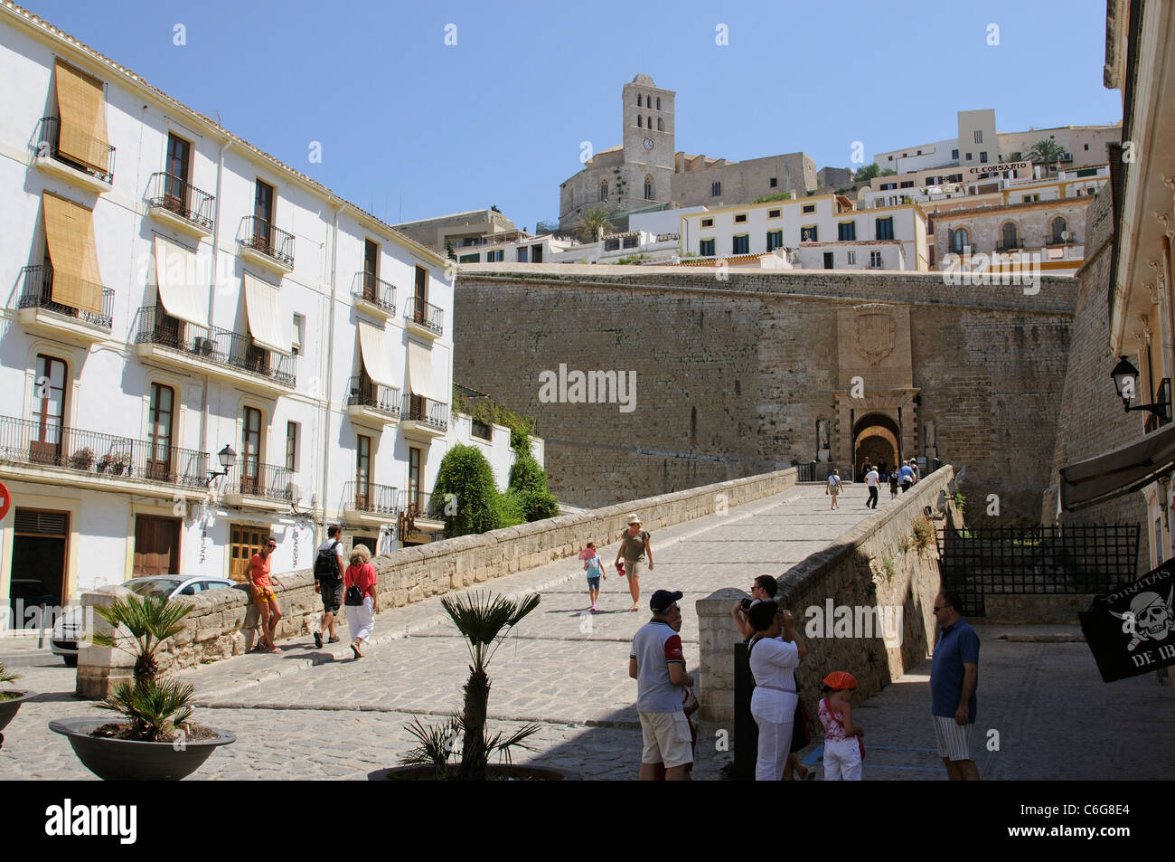 City wall and entrance to The Dalt Vila area in the old town of Eivissa Ibiza Island Spain Stock Photo
