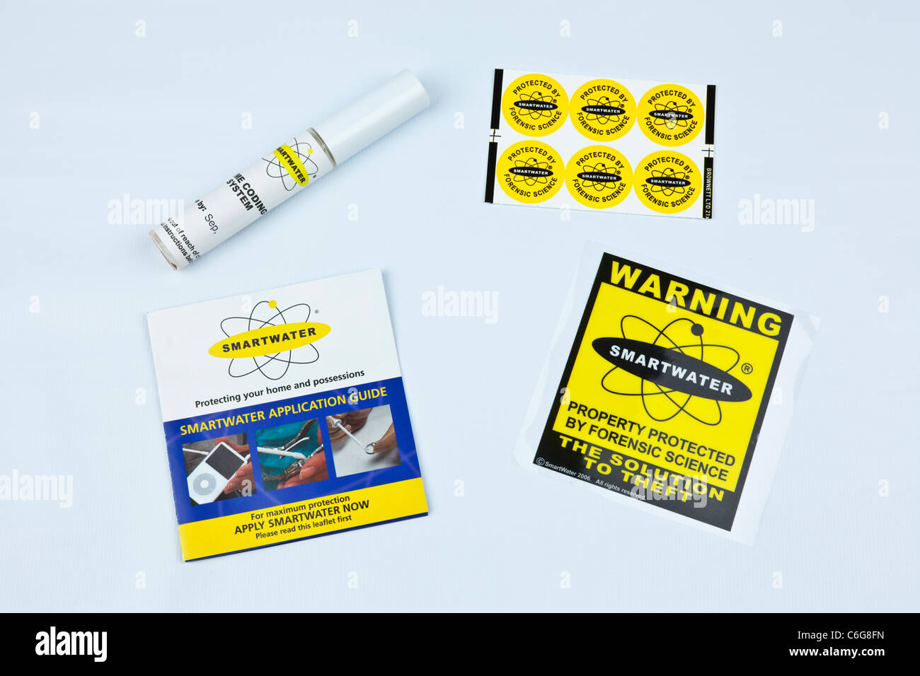 Smartwater leaflets stickers warnings and liquid water paint Stock Photo