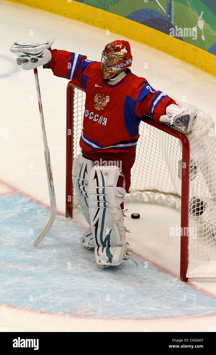 Pictured: Russian goalkeeper Evgeny Nabokov Russia and Canada came face-to-face during the 2010 Winter Olympics in Vancouver. Stock Photo