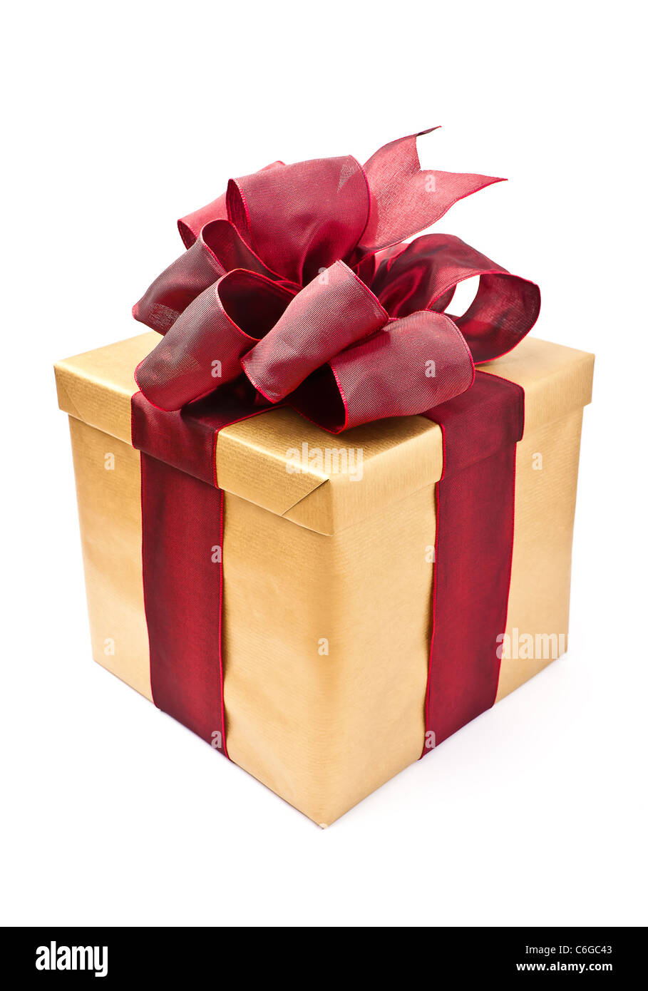 Beautiful present box with overwhelming bow isolated on white seen from above Stock Photo