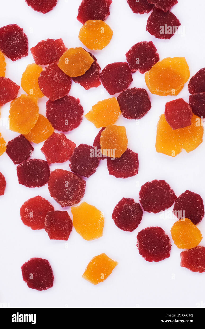 Dried fruit flakes pattern on a white background. Stock Photo
