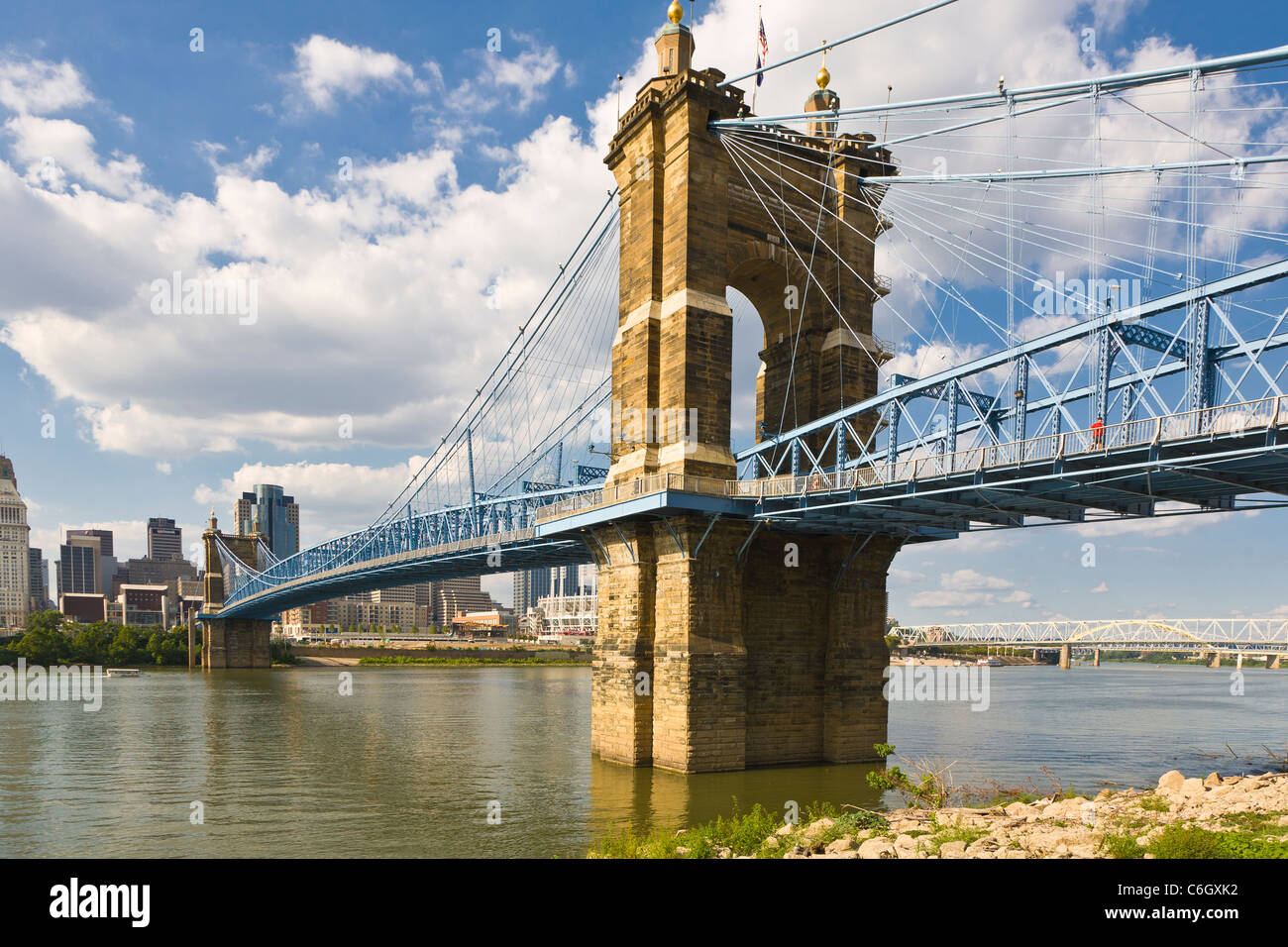 John A. Roebling Suspension Bridge over the Ohio River with Cincinnati Ohio across the river Stock Photo