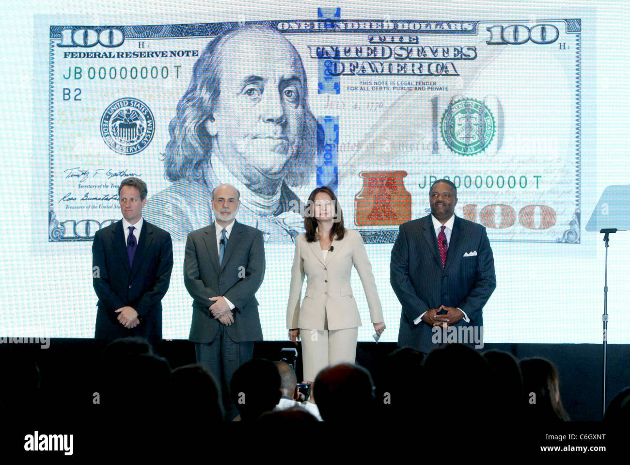 Timothy Geithner, Ben Bernanke, Rosa Gumataotao Rios and Keith Prewitt