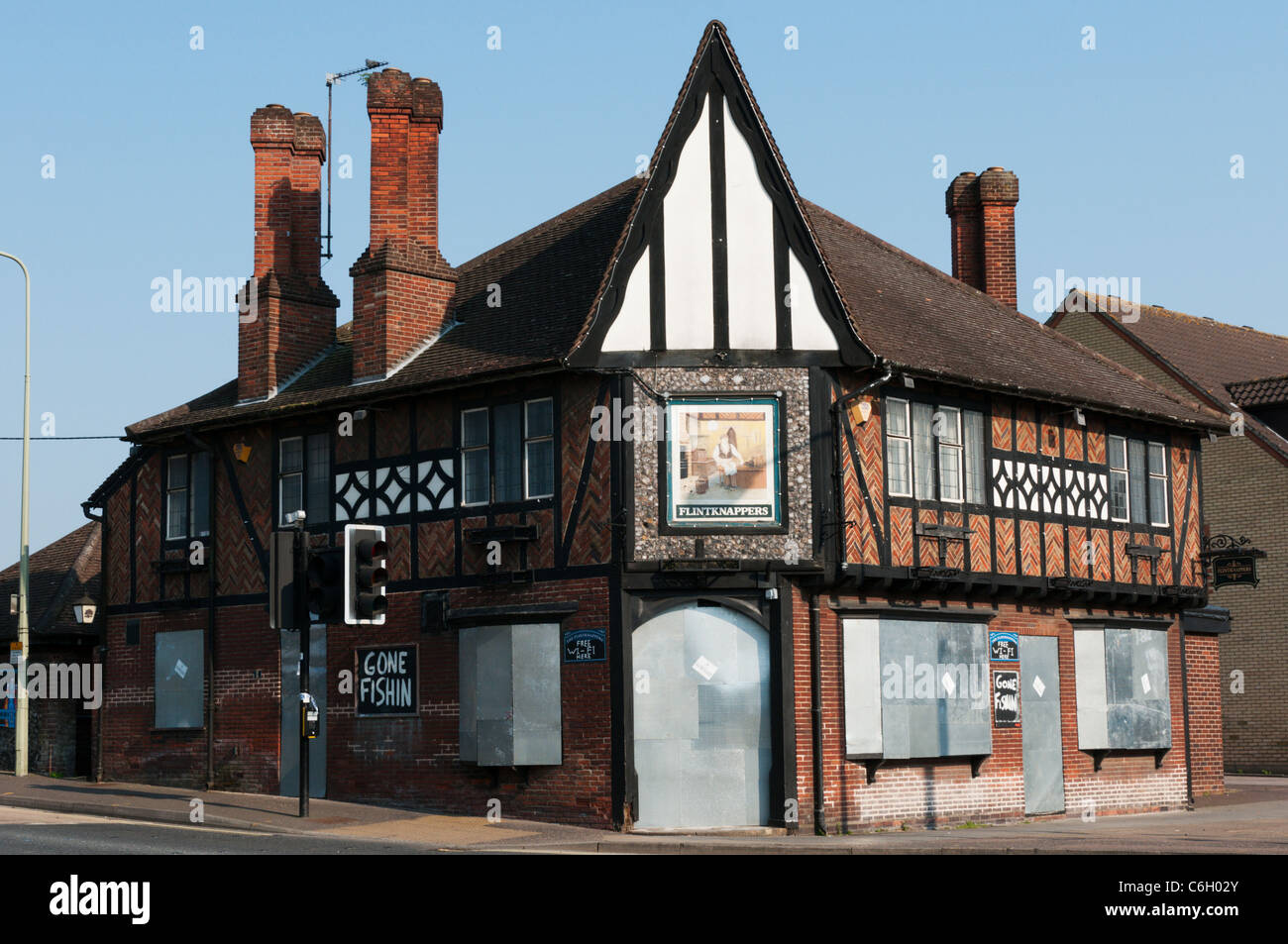 The closed Flintknappers pub in the market place at Brandon, Suffolk