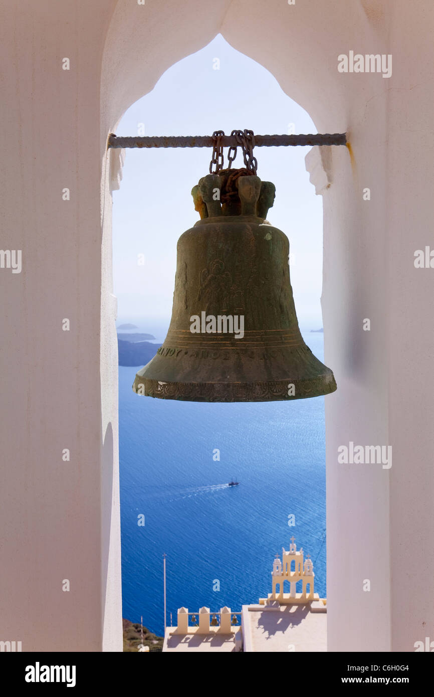 Bell Tower of Orthodox Church overlooking the Caldera in Fira ...