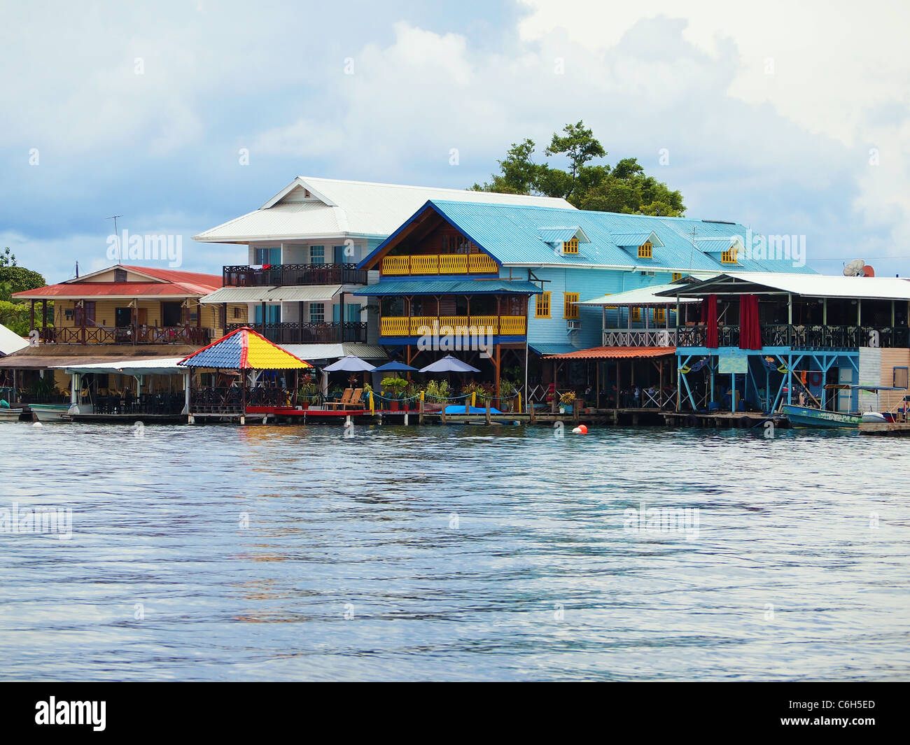 Caribbean hotels and restaurants over the water, Colon island, Central America, Bocas del Toro, Panama Stock Photo