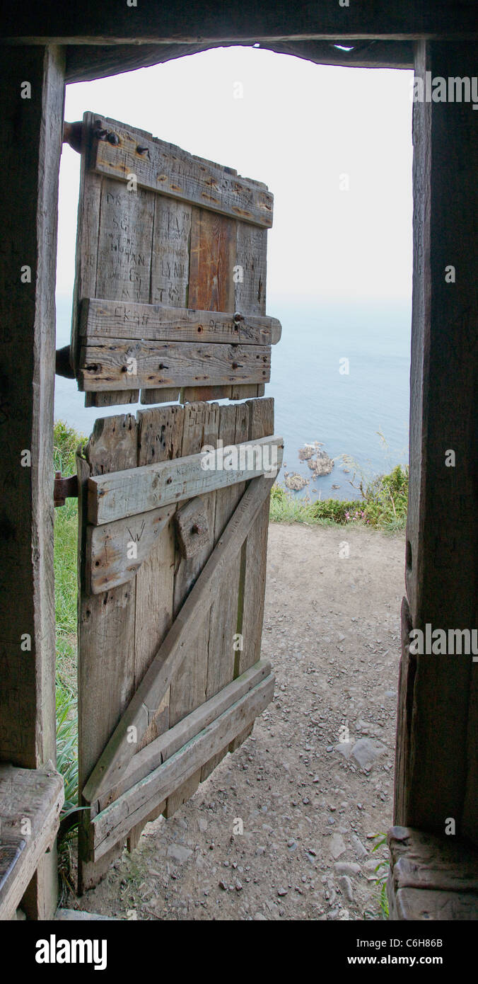 View from the interior of  Hawker's hut on the steep cliffs at Morwenstow on the North Cornwall coast Stock Photo