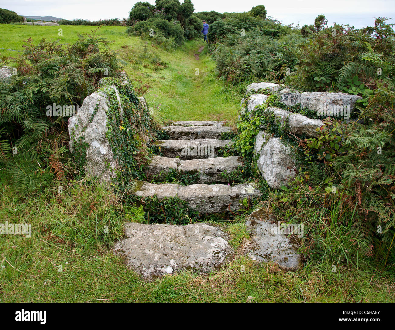 Ancient granite field stile near Zennor in West Penwith Cornwall Stock Photo