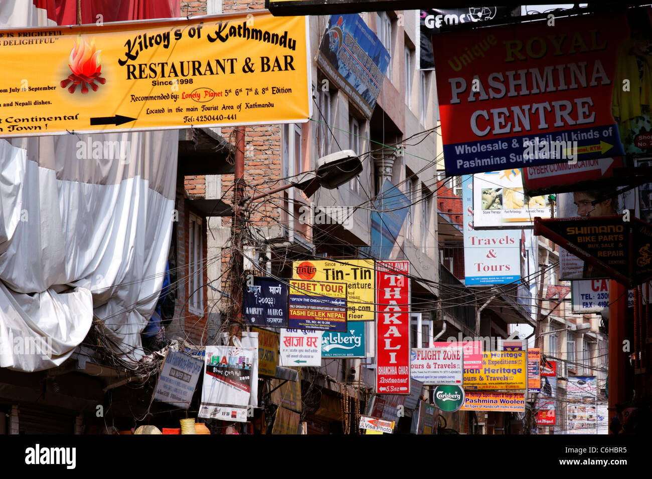 Shop signs in Thamel, Kathmandu, Nepal Stock Photo