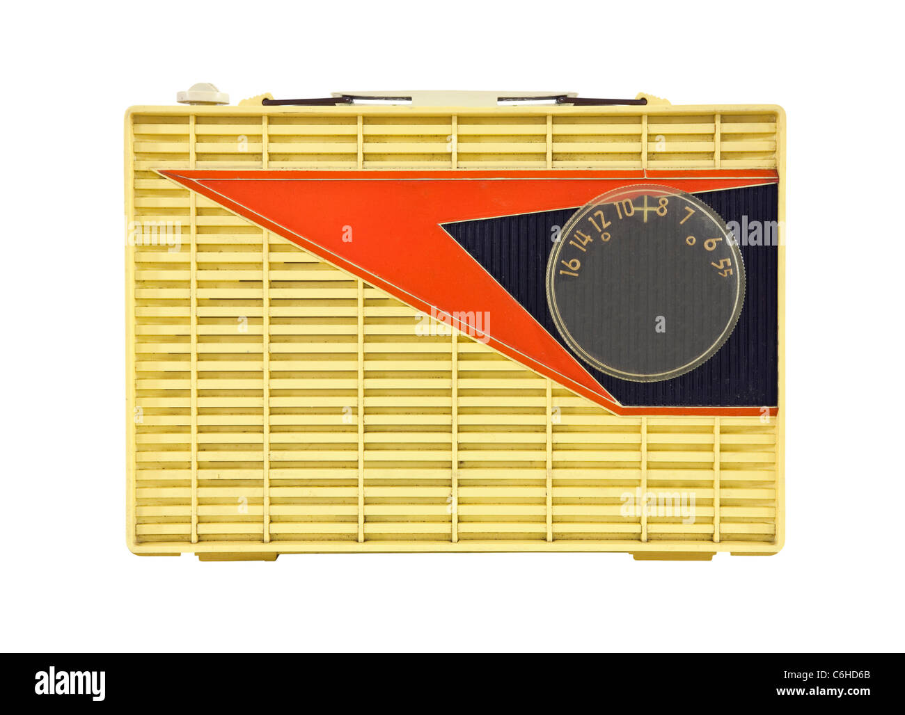 Grungy vintage 1950's googie style portable radio. Stock Photo