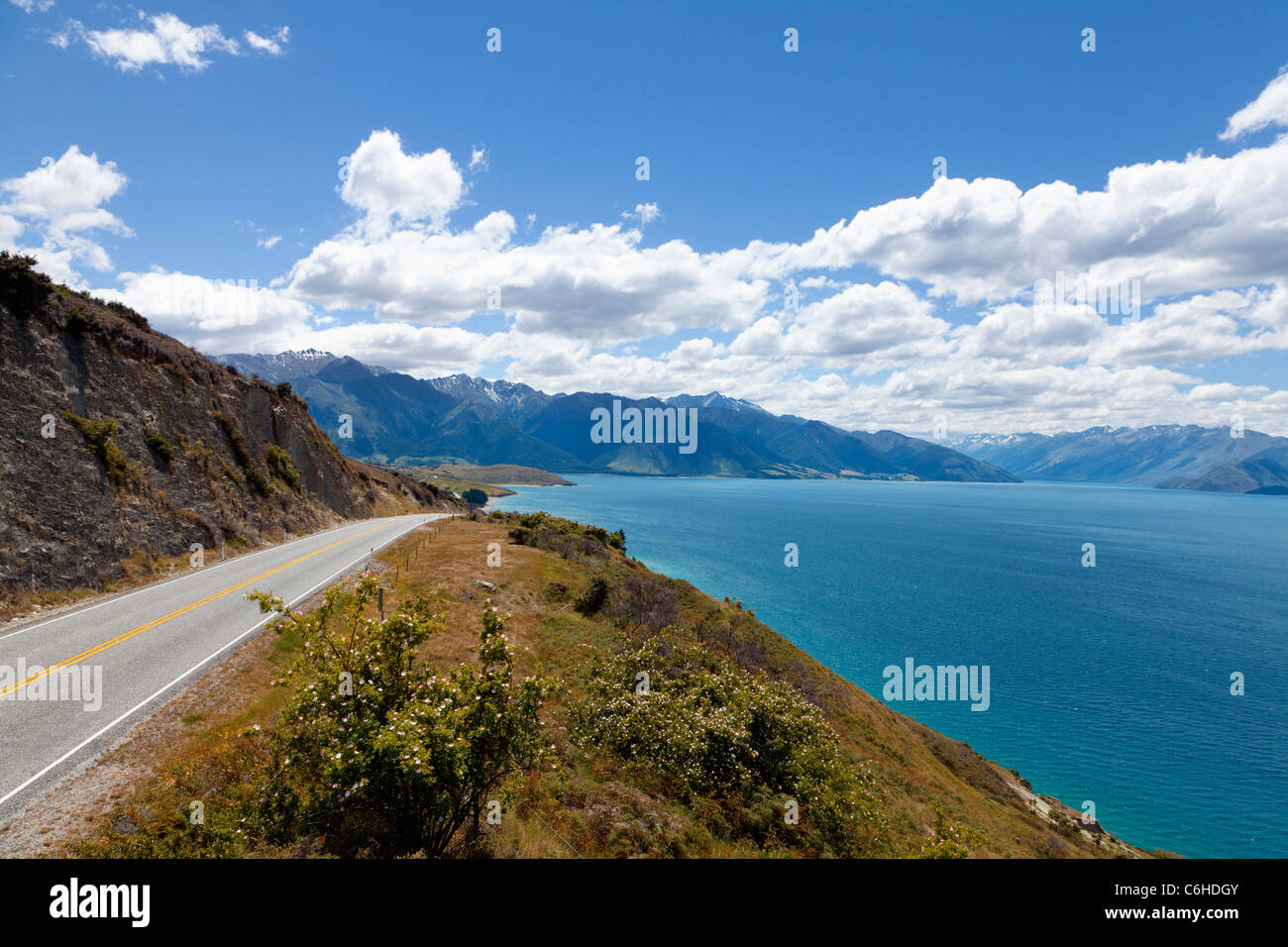 Highway along the Lake Hawea in New Zealand Stock Photo