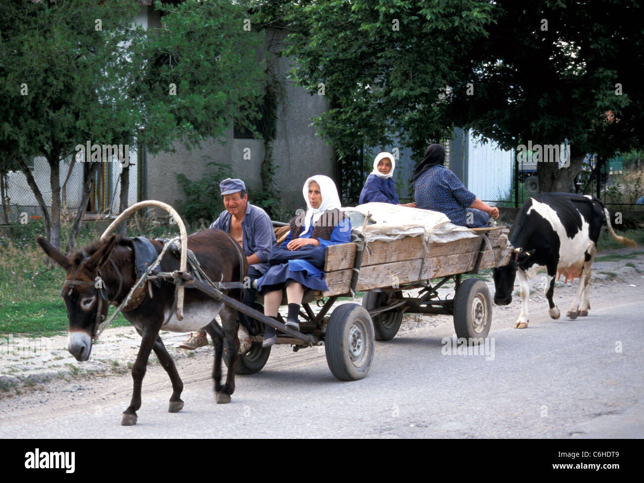 Farmers travelling the back roads of Bulgaria Stock Photo