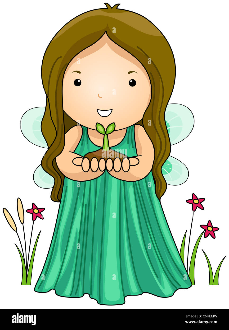 Illustration of an Earth Fairy Carrying a Seedling Stock Photo