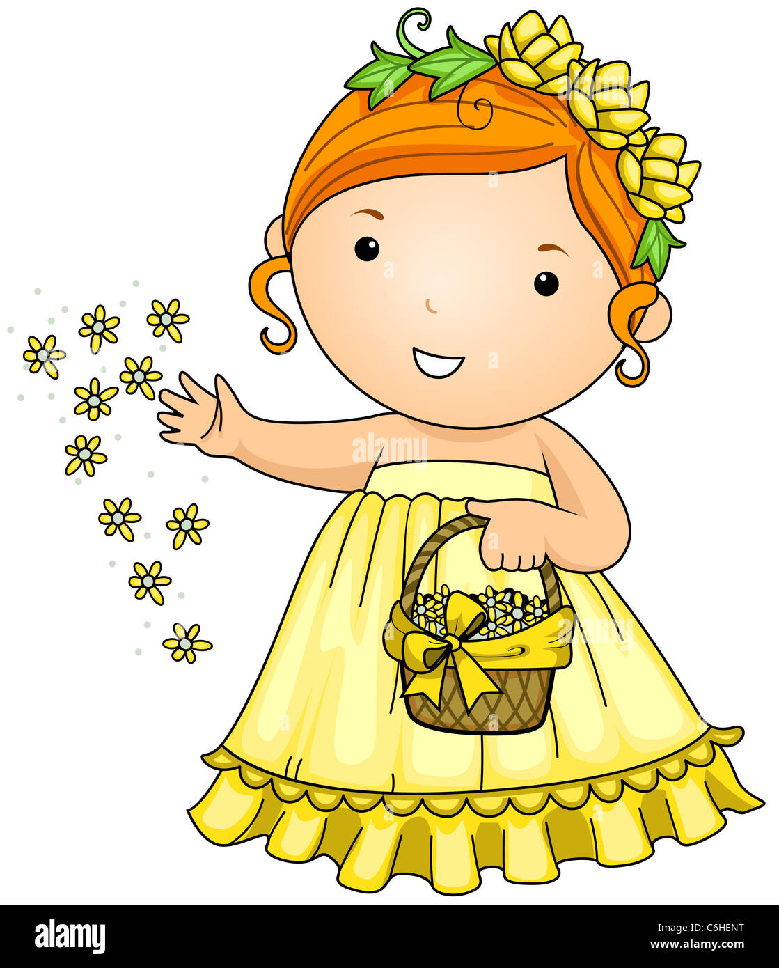 Illustration of a Little Flower Girl Scattering Flowers Around Her