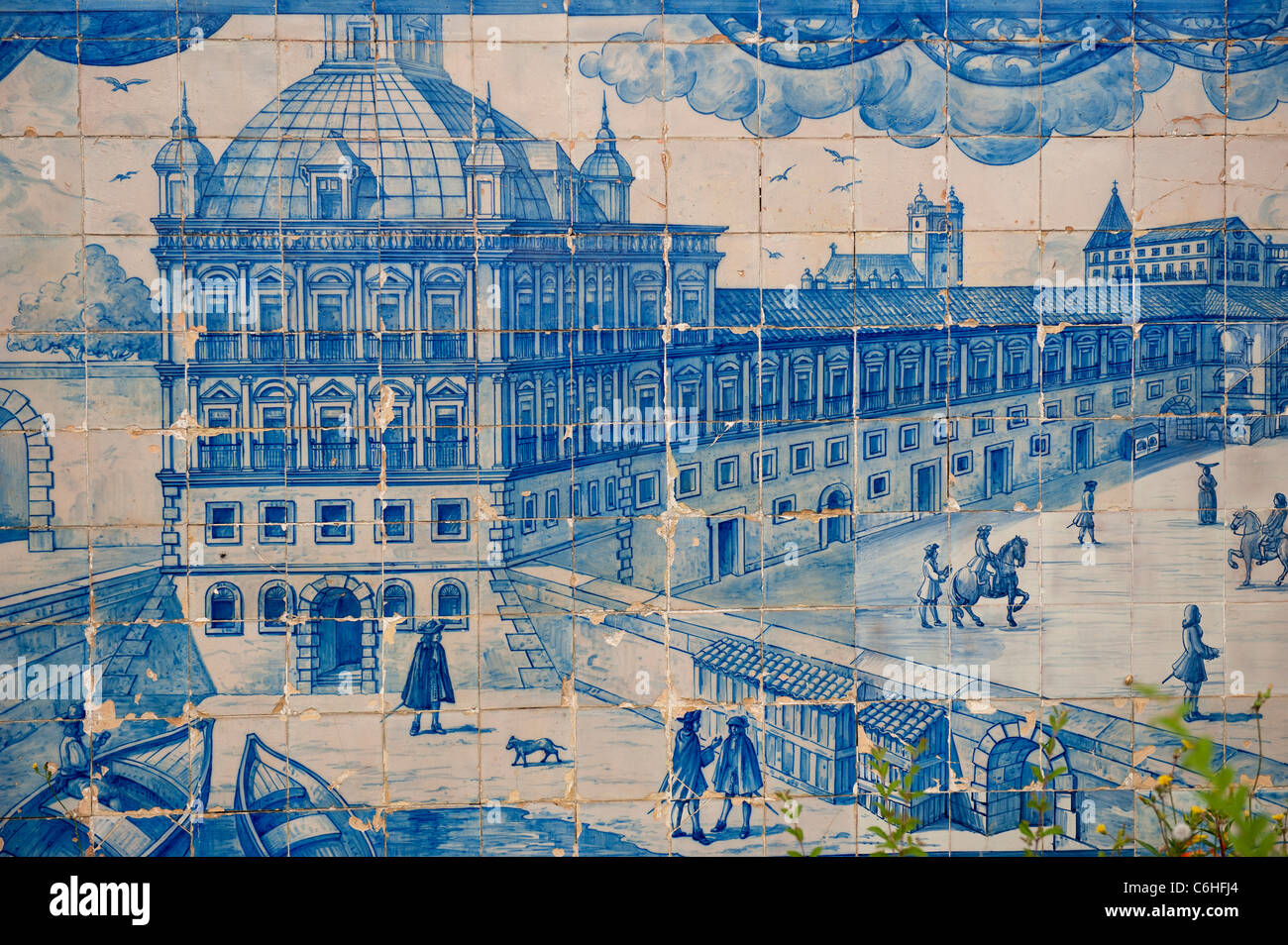 Azulejos representing the Praça do Comercio, Miradouro de Santa Luzia, Alfama district, Lisbon, Portugal Stock Photo