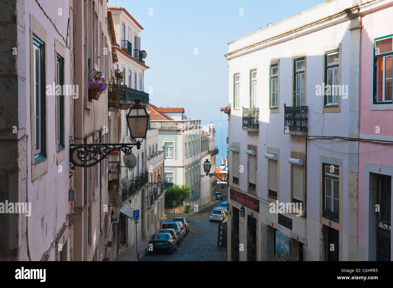 Alfama district, Narrow Street, Lisbon, Portugal Stock Photo