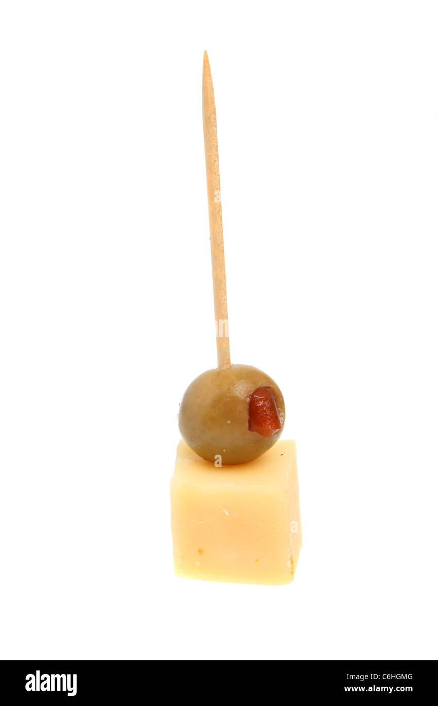 Olive and cheese on a cocktail stick isolated against white Stock ...