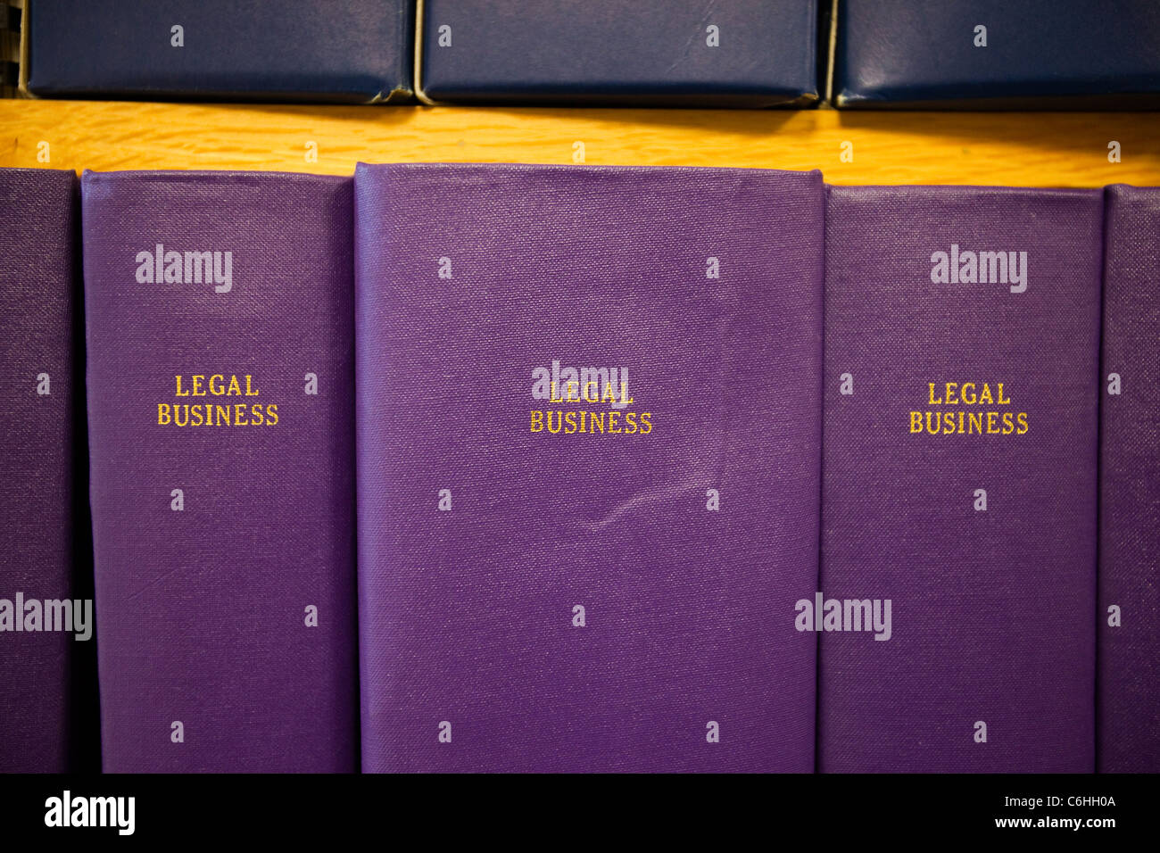 Bookcase of 'Legal Business' caselaw in the Law Reports books in a library Stock Photo