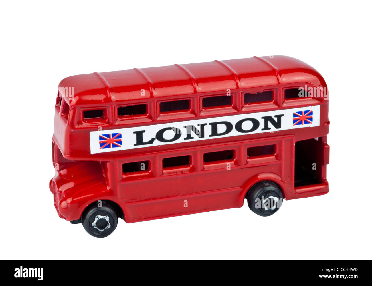 RED LONDON BUS TOY cutout on white background Stock Photo