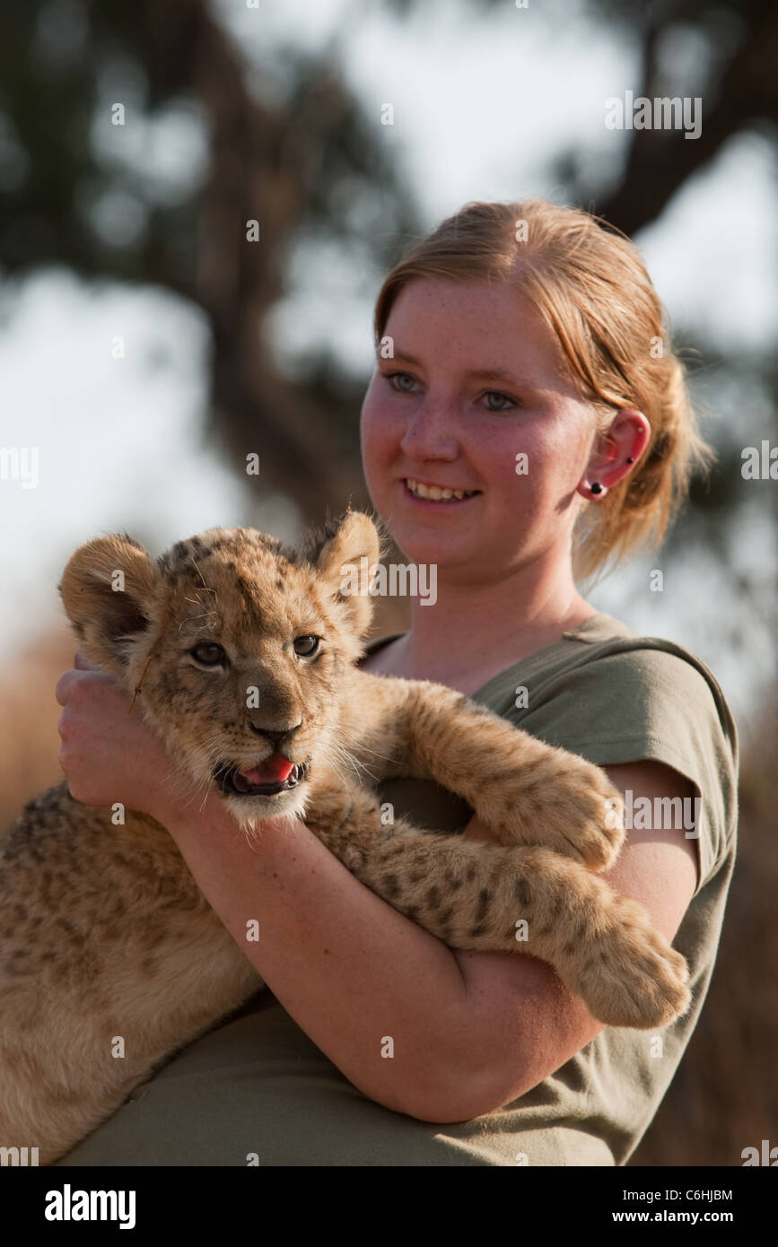 Woman tourist holding a lion cub Stock Photo Alamy
