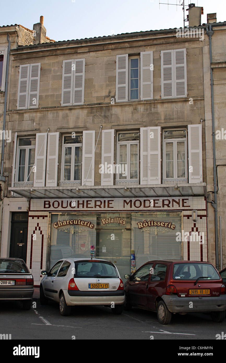 Art Deco shop front, Boucherie Moderne, Rochefort, France Stock Photo