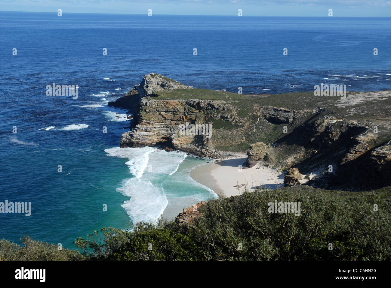 view to beach from Cape Point, Cape of Good Hope, Table Mountain National Park, Western Cape, South Africa Stock Photo