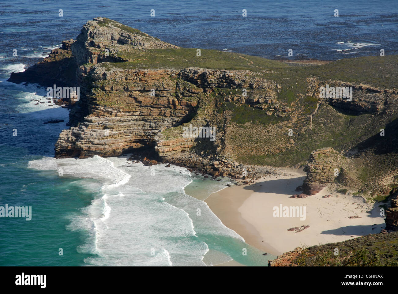 view to Diaz Beach, bay and cliffs from Cape Point, Cape of Good Hope, Table Mountain National Park, Western Cape, South Africa Stock Photo