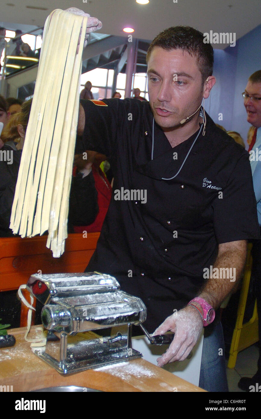 Celebrity Chef Gino D'Acampo cooking fettuccine carbonara at Connswater