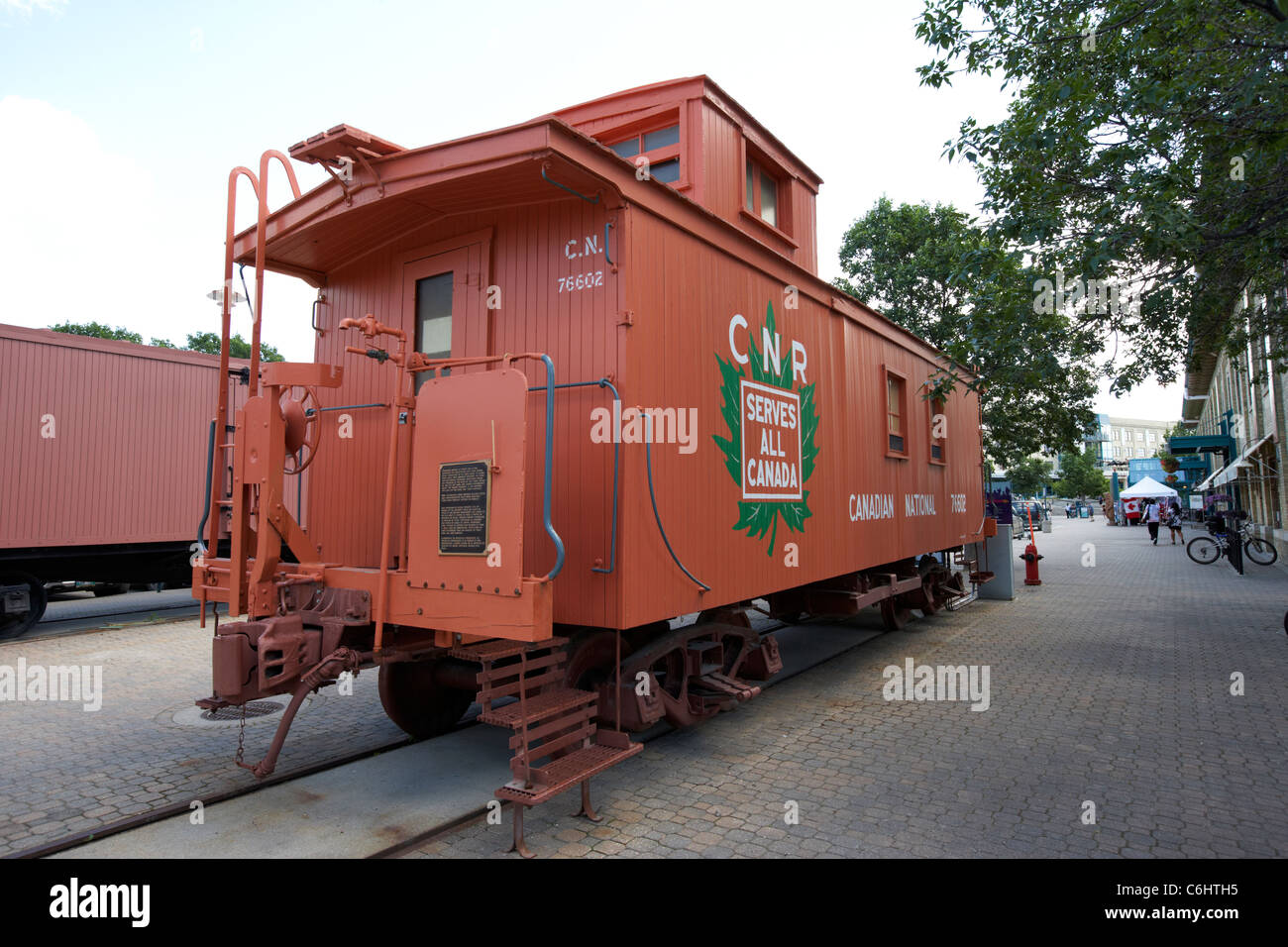 restored old canadian national railway car in the forks winnipeg manitoba canada Stock Photo