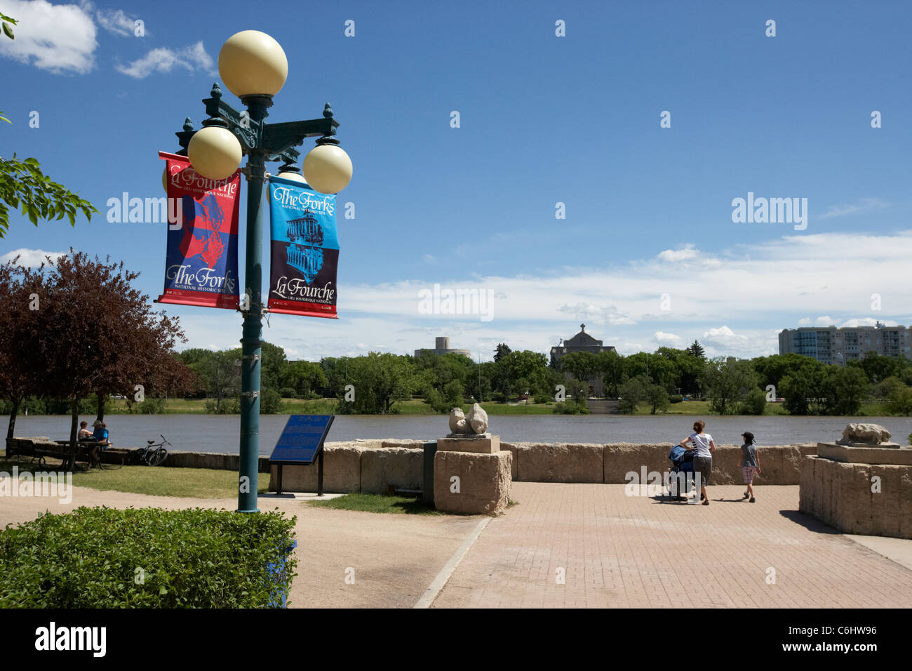 the forks national historic site of canada riverside walk overlooking the red river and french quarter winnipeg manitoba canada Stock Photo