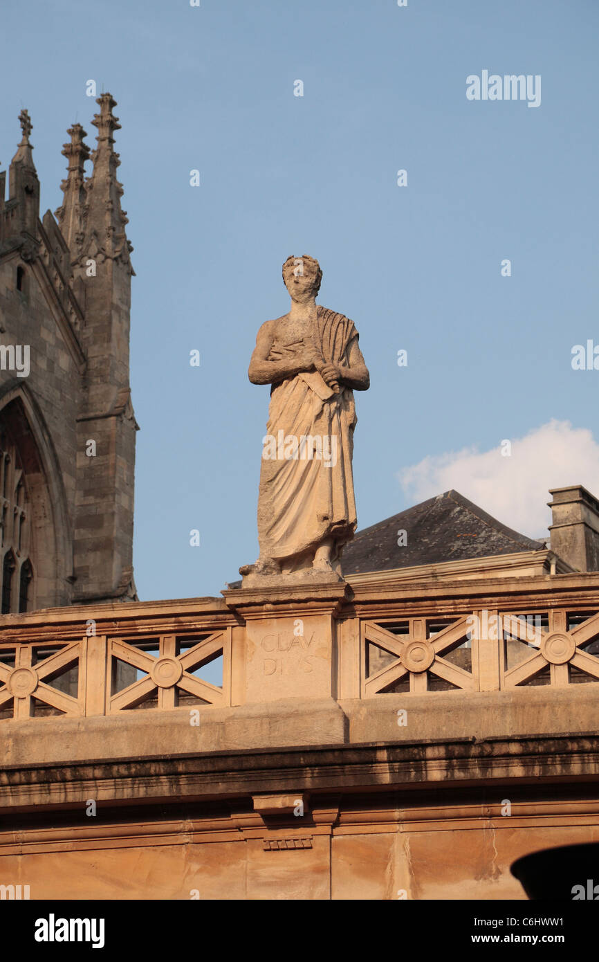Statue of Emperor Claudius on the Terrace above the Great Bath, The Roman Baths, Bath, Somerset, England. Stock Photo