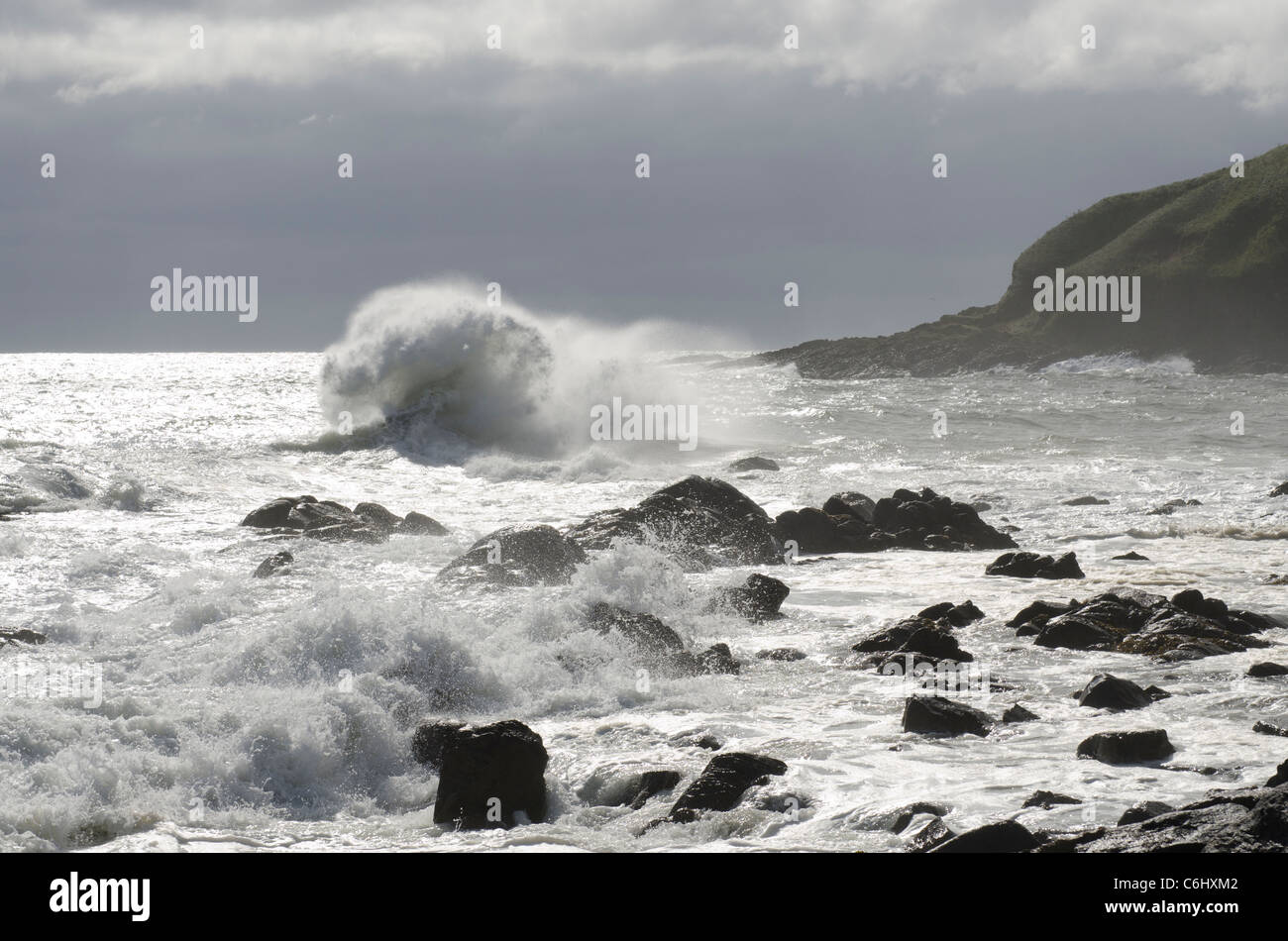 Big surf crashing on Rocks in storm at Stonehaven Bay - Kincardineshire Stock Photo