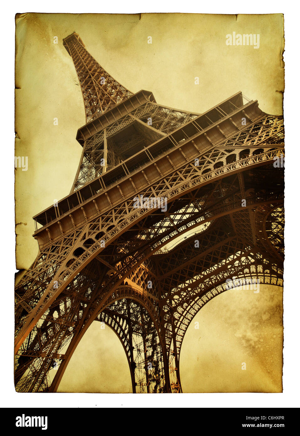 Vntage postcard with Eiffel tower isolated over white background Stock Photo