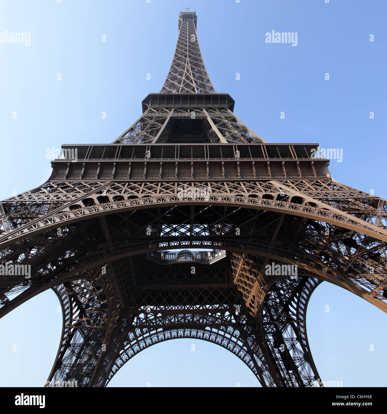 Eiffel tower close-up against blue sky, Paris, France. Stock Photo