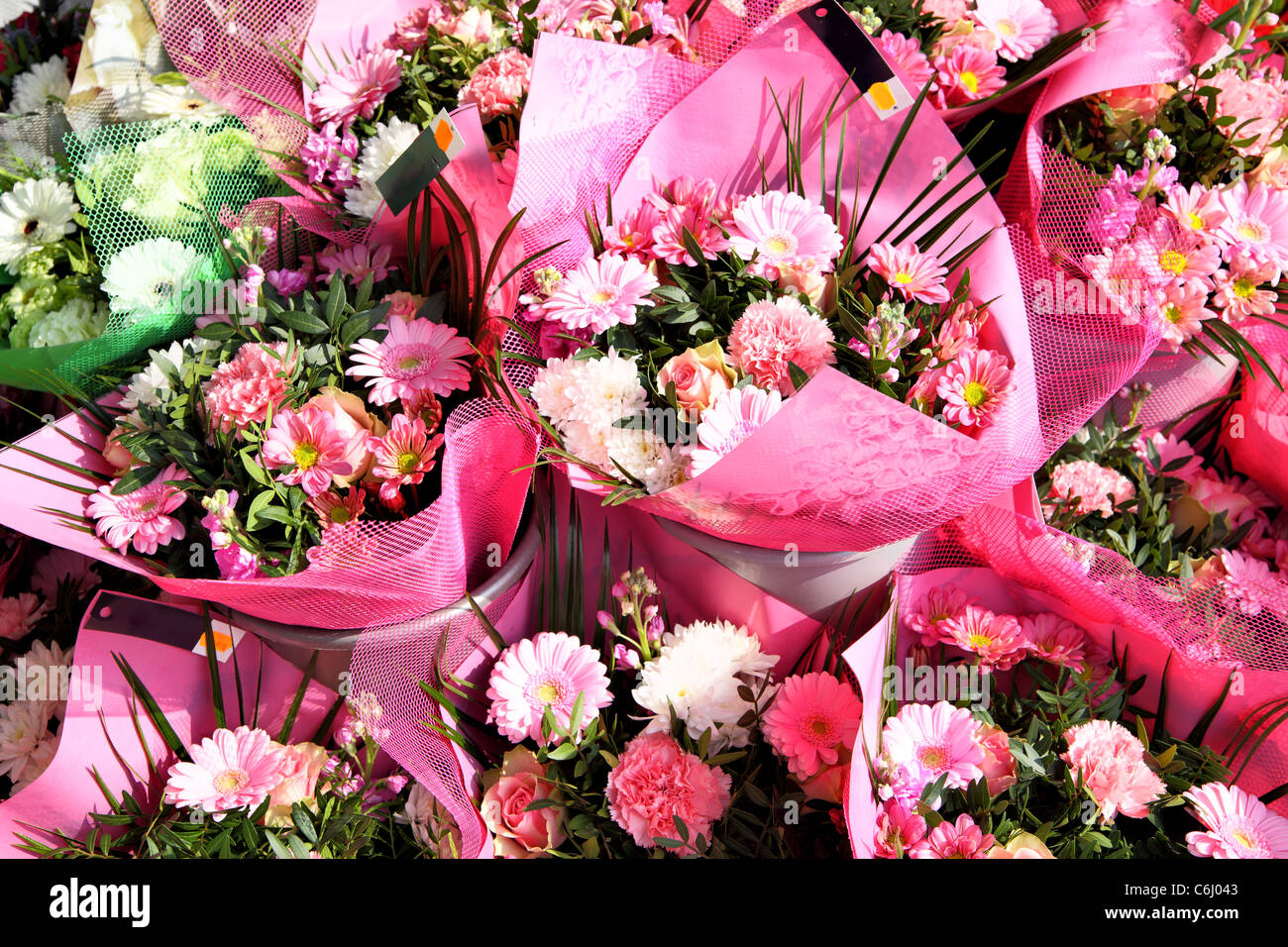 Bouquets of colorful daisies at a market stall Stock Photo